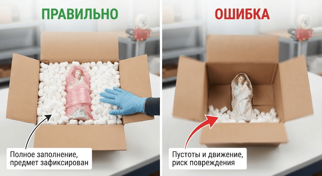 Правильная и неправильная упаковка хрупкого товара в коробке